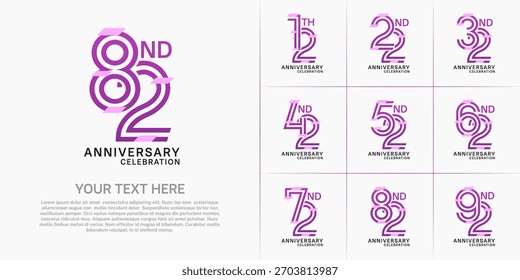 Design de conjunto de aniversário com número de linha dupla. cor roxa com confete para evento de celebração