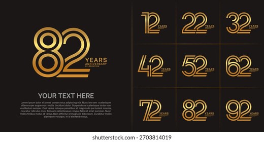 Diseño de conjunto de aniversario con número de línea doble. color dorado para evento de celebración