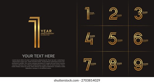 Diseño de conjunto de aniversario con número de línea doble. color dorado para evento de celebración