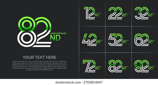 Diseño de conjunto de aniversario con número de línea doble. color verde y blanco para el evento de celebración