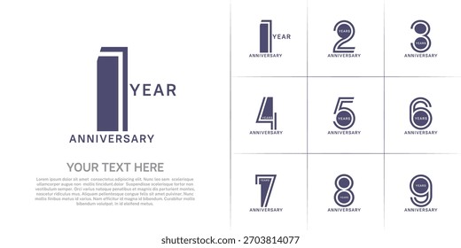 Diseño de conjunto de aniversario con número de línea doble. color púrpura para el evento de celebración