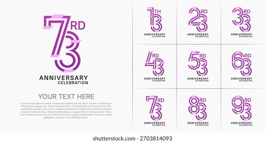 Anniversary set design with double line number. purple color with confetti for celebration event