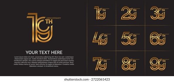 Diseño de conjunto de aniversario con número de línea doble. color dorado para evento de celebración