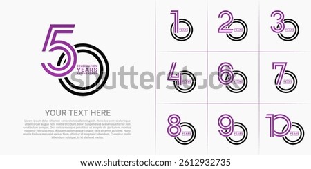 Anniversary set design with double line number. purple and black color for celebration event