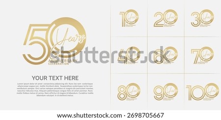 Anniversary set design with double line number and handwriting. golden color for celebration event