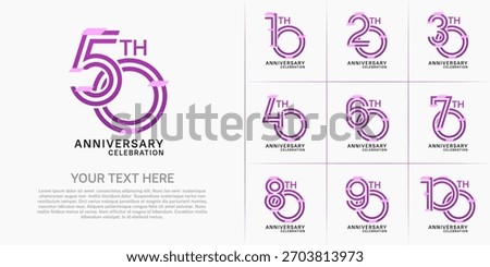 Anniversary set design with double line number. purple color with confetti for celebration event