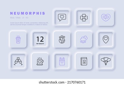 Anniversary Set Icon. Like, Heart, Pointer, Baloon, Gift, Sympathy, Relationship, Wedding, Romance, Care, Couple, Love View Valentines Day Concept. Neomorphism Style. Vector Line Icon For Business