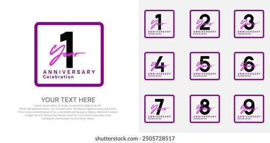 anniversary set logo style with black and purple color in square for company celebration moment