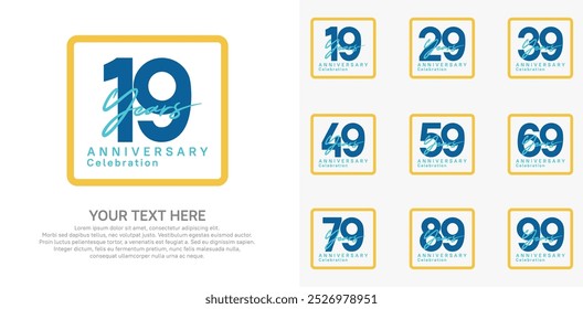 anniversary set logo style with blue and yellow color in square for company celebration moment