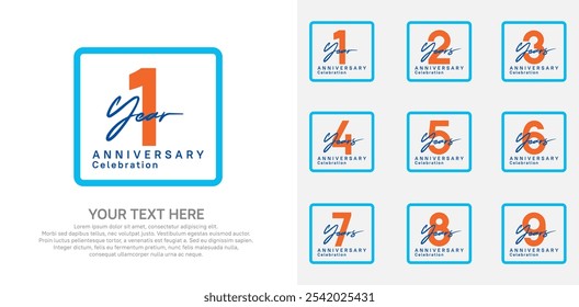 anniversary set logo style with orange and blue color in square for company celebration moment