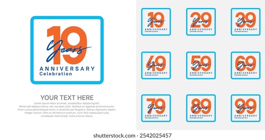 anniversary set logo style with orange and blue color in square for company celebration moment