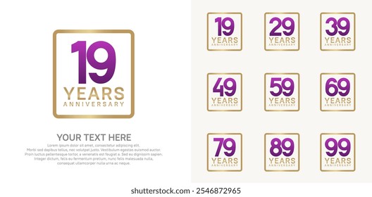 anniversary set logo style with purple and gold color in square for company celebration moment