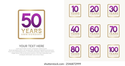 anniversary set logo style with purple and gold color in square for company celebration moment