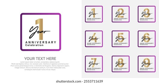 anniversary set logo style with purple and gold color in square for company celebration moment