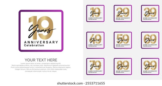 anniversary set logo style with purple and gold color in square for company celebration moment