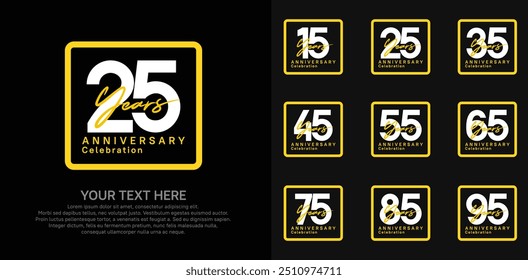 anniversary set logo style with white and yellow color in square for company celebration moment