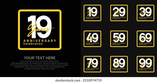 anniversary set logo style with white and yellow color in square for company celebration moment