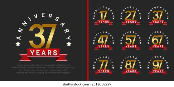 Logotipo del sistema del aniversario. El color dorado del diseño del Vector con la cinta roja se puede utilizar para la celebración