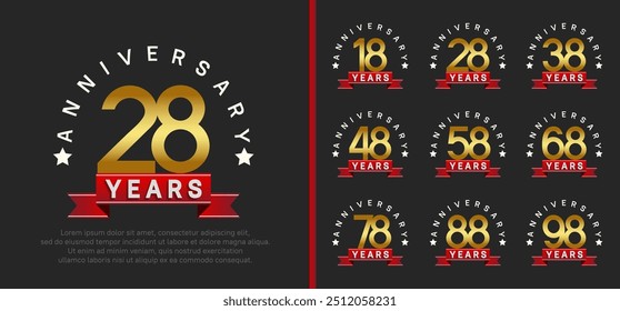 anniversary set logotype. vector design golden color with red ribbon can be use for celebration