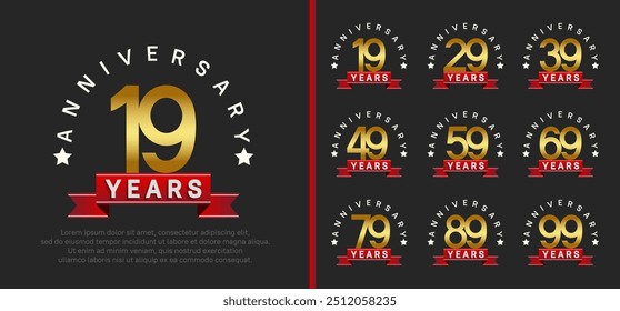 anniversary set logotype. vector design golden color with red ribbon can be use for celebration