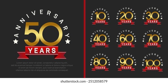 anniversary set logotype. vector design golden color with red ribbon can be use for celebration