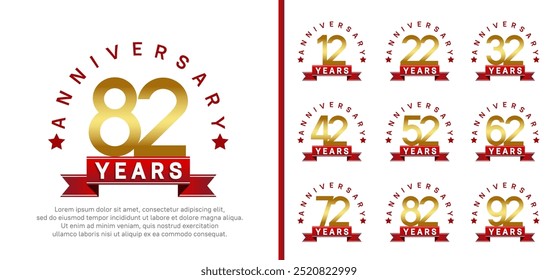 logotipo de conjunto de aniversário. cor dourada do projeto do vetor com fita vermelha pode ser usada para a celebração