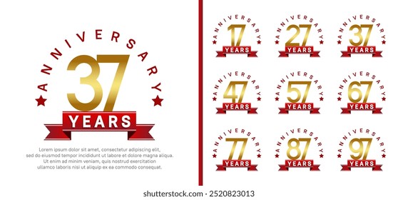 anniversary set logotype. vector design golden color with red ribbon can be use for celebration