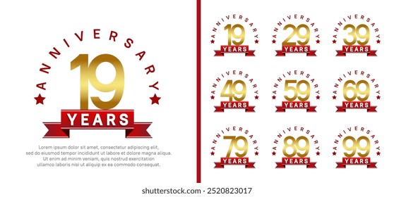 anniversary set logotype. vector design golden color with red ribbon can be use for celebration