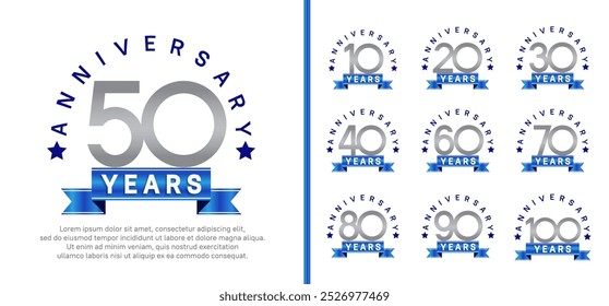 logotipo conjunto de aniversário. cor prateada do projeto do vetor com fita azul pode ser usado para a celebração