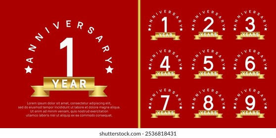 Logotipo del sistema del aniversario. El color blanco del diseño del Vector con la cinta dorada se puede utilizar para la celebración