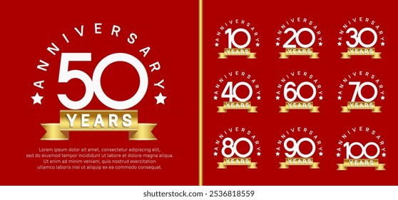 anniversary set logotype. vector design white color with golden ribbon can be use for celebration