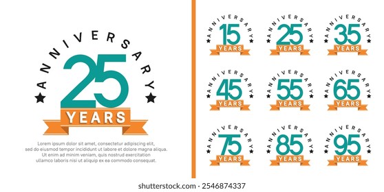 anniversary set logotype. vector design green color with orange ribbon can be use for celebration