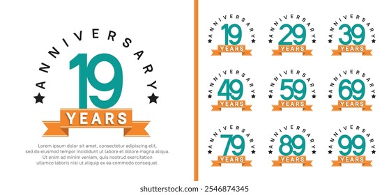 anniversary set logotype. vector design green color with orange ribbon can be use for celebration