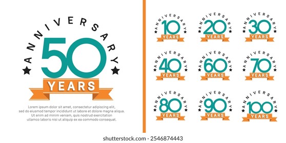 anniversary set logotype. vector design green color with orange ribbon can be use for celebration