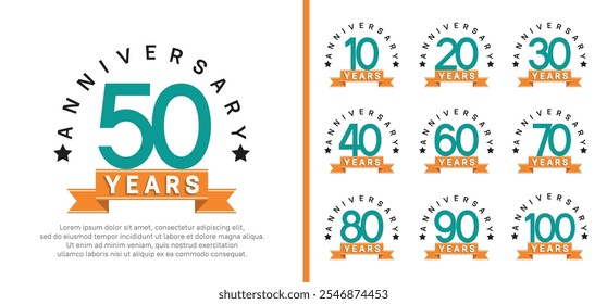 anniversary set logotype. vector design green color with orange ribbon can be use for celebration