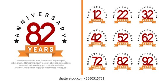 anniversary set logotype. vector design red color with orange ribbon can be use for celebration