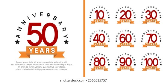 anniversary set logotype. vector design red color with orange ribbon can be use for celebration