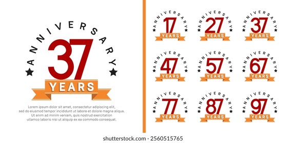 anniversary set logotype. vector design red color with orange ribbon can be use for celebration