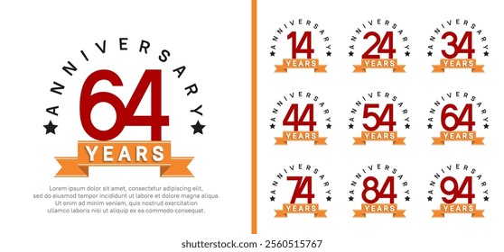 anniversary set logotype. vector design red color with orange ribbon can be use for celebration