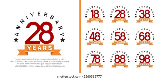 anniversary set logotype. vector design red color with orange ribbon can be use for celebration