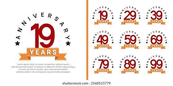 anniversary set logotype. vector design red color with orange ribbon can be use for celebration