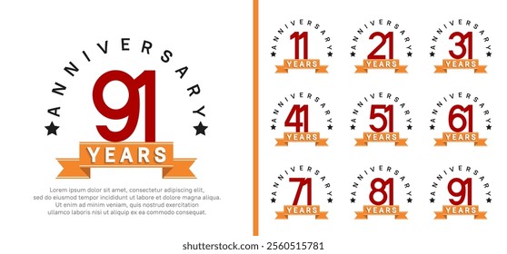 anniversary set logotype. vector design red color with orange ribbon can be use for celebration