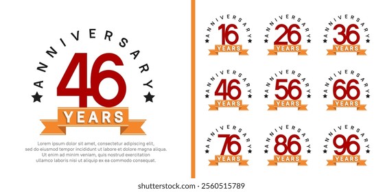 anniversary set logotype. vector design red color with orange ribbon can be use for celebration