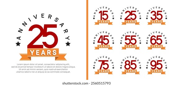 anniversary set logotype. vector design red color with orange ribbon can be use for celebration