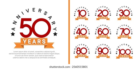 anniversary set logotype. vector design red color with orange ribbon can be use for celebration