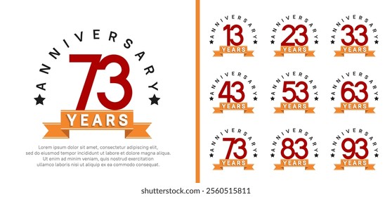 anniversary set logotype. vector design red color with orange ribbon can be use for celebration