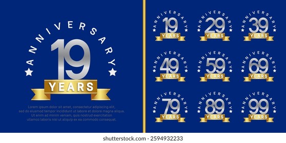 anniversary set logotype. vector design silver color with gold ribbon can be use for celebration