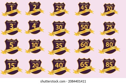 Anniversary shields design set vector illustrations with golden ribbon.Celebration badges with sunburst.isolated sign and symbols.