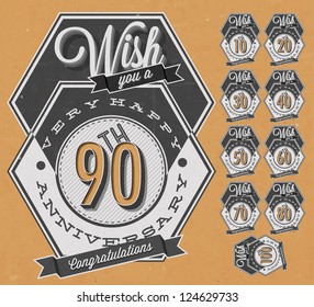 Anniversary sign collection and cards design in retro style. Template  of anniversary, jubilee or birthday card with number editable. Vintage vector typography.