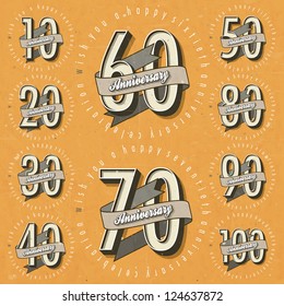 Anniversary sign collection and cards design in retro style. Template  of anniversary, jubilee or birthday card with number editable. Vintage vector typography.